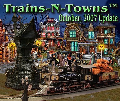 Trains-N-Towns. The official e-newsletter of Big Indoor Trains<sup><small>TM</small></sup> and Big Christmas Trains<sup><small>TM</small></sup> - Bringing you news about O Gauge, On30, and Christmas trains, and the model communities they serve. This photo shows an O gauge railroad that uses ceramic buildings and runs OUTDOORS. Click for bigger photo.